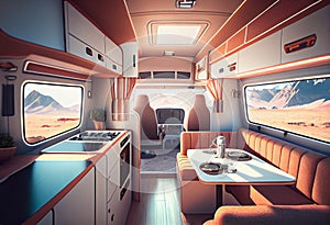 Camper motorhome interior. mobile home interior. Auto house inside. Living room and dining room. Dinner table