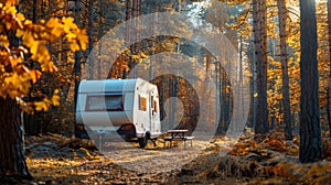 Camper Parked by Picnic Table in Woods