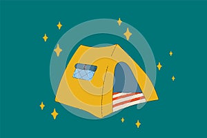 Camper RV for camping. Tent house for recreation in the forest. Camping outdoor recreation in the circle of doodle stars