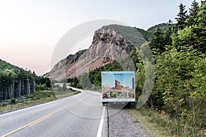 Camper RV truck parked Cape Breton Island Coast highway road scenic Cabot Trail route Nova Scotia Highlands Canada