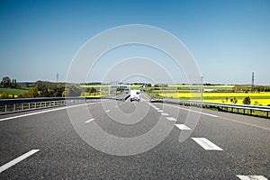 Camper RV van driving fast on French highway