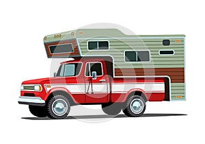 Camper shell on red pickup truck