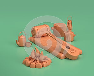 Camper sleep, a night in a camp with sleeping-bag, lantern and guitar in green background, 3d rendering, yellow camping objects,