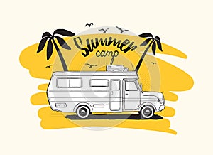Camper trailer or campervan driving against exotic palm trees on background and Summer Camp inscription. Vehicle for