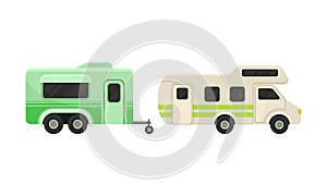 Camper Trailer or Caravan as Towed Vehicle with Place for Sleeping Vector Set