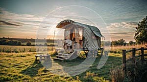 Camper trailer on a meadow at sunset. Camping in the countryside