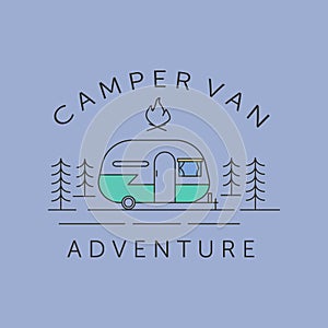 camper van adventure and campfire line art logo vector symbol illustration design