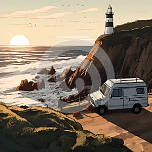 Camper Van on the Edge of a Rocky Beach