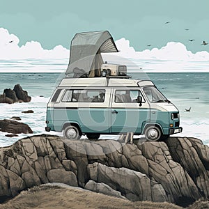 Camper Van on the Edge of a Rocky Beach