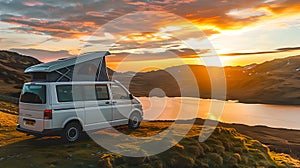 Camper Van on a Hill Overlooking a Sunset by the Lake. Travel and Adventure Concept. Homely Mobile Van Lifestyle. Serene