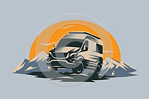 Camper van illustration with rocks and mountains.