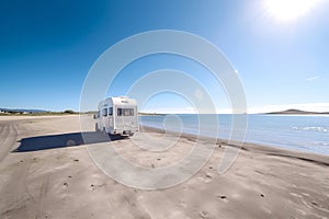 Camper van motor home on the seacape. Car traveling illustration. Freedom vacation travel. Caravan design concept