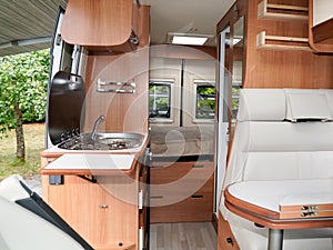 Camper van motorhome inside new modern wooden interior