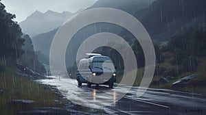 Camper van on the mountain roads, camping, Generative AI
