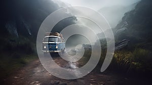 Camper van on the mountain roads, camping, Generative AI