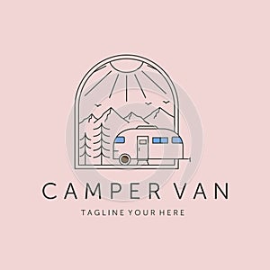 camper van mountain and sun line art logo vector symbol illustration design