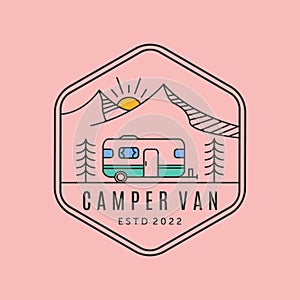 camper van mountain and sun line art logo vector symbol illustration design