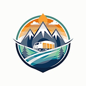 A camper van navigates winding roads amidst towering mountains, tour and travel logo design, minimalist simple modern vector logo
