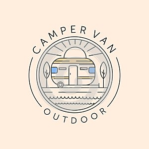 camper van outdoor and sunburst line art logo vector symbol illustration design