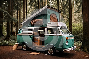 A camper van parked on a beach next to a lake. AI generation