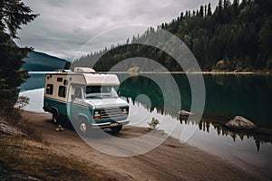 A camper van parked on a beach next to a lake. AI generation