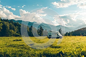 A camper van is parked in a grassy field with towering mountains in the background under a clear blue sky. Concept of road trip.