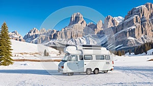 Camper van parked in national park in Dolomites...