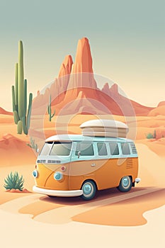 camper van parked next to beach and sea, vacations concept illustration, generative ai art