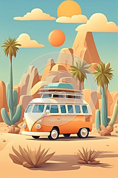 camper van parked next to beach and sea, vacations concept illustration, generative ai art