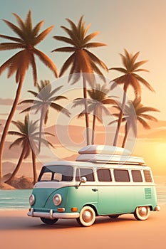 camper van parked next to beach and sea, vacations concept illustration, generative ai art