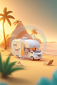 camper van parked next to beach and sea, vacations concept illustration, generative ai art