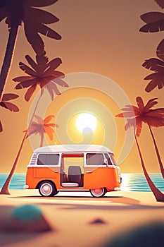 camper van parked next to beach and sea, vacations concept illustration, generative ai art