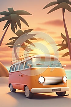 camper van parked next to beach and sea, vacations concept illustration, generative ai art