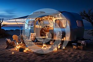 Camper van parked on a sandy beach surrounded by candles. AI-generated.