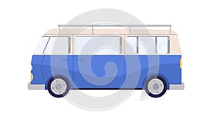 Camper van in retro style. Holiday car for summer travel. Minibus of 60s, side view. Tourists auto, road transport