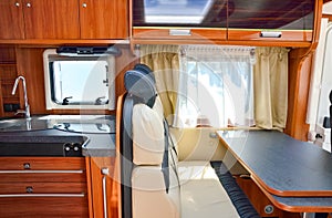 Camper van, rv, caravan interior, inside view of motorhome for family holiday travel photo