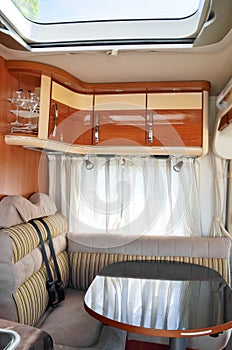 Camper van, rv, caravan interior, inside view of motorhome for family holiday travel photo