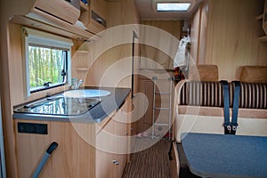 Camper van, rv, caravan interior, motorhome for family holiday travel photo