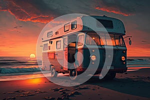 Camper van rv at sunset on beach illustration generative ai
