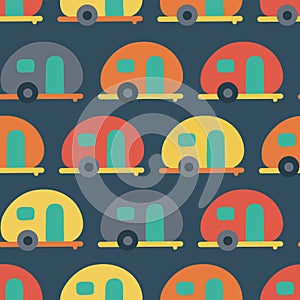 Camper van seamless vector pattern. Retro Caravans red, blue, yellow, orange seamless vector background. Scandinavian flat style.