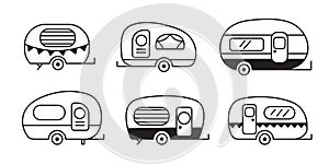 Camper Van trailer set, travel caravan icon doodle