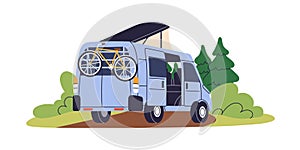 Camper van, travel car. Summer holiday campervan, recreational vehicle. RV transport with bicycle for camping, adventure