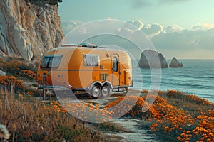 Camper on wheels on the ocean coast in a beautiful place. Wild camping by the sea