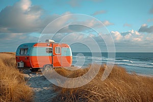 Camper on wheels on the ocean coast in a beautiful place. Wild camping by the sea