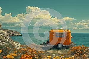 Camper on wheels on the ocean coast in a beautiful place. Wild camping by the sea