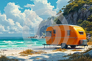 Camper on wheels on the ocean coast in a beautiful place. Wild camping by the sea