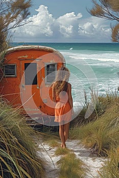 Camper on wheels on the ocean coast in a beautiful place. Wild camping by the sea