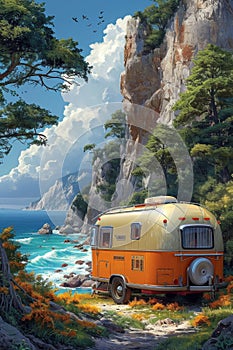 Camper on wheels on the ocean coast in a beautiful place. Wild camping by the sea