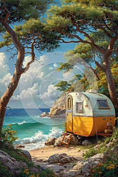 Camper on wheels on the ocean coast in a beautiful place. Wild camping by the sea