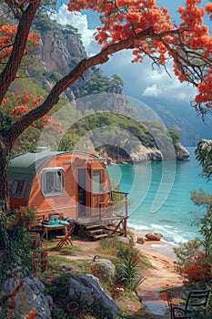 Camper on wheels on the ocean coast in a beautiful place. Wild camping by the sea